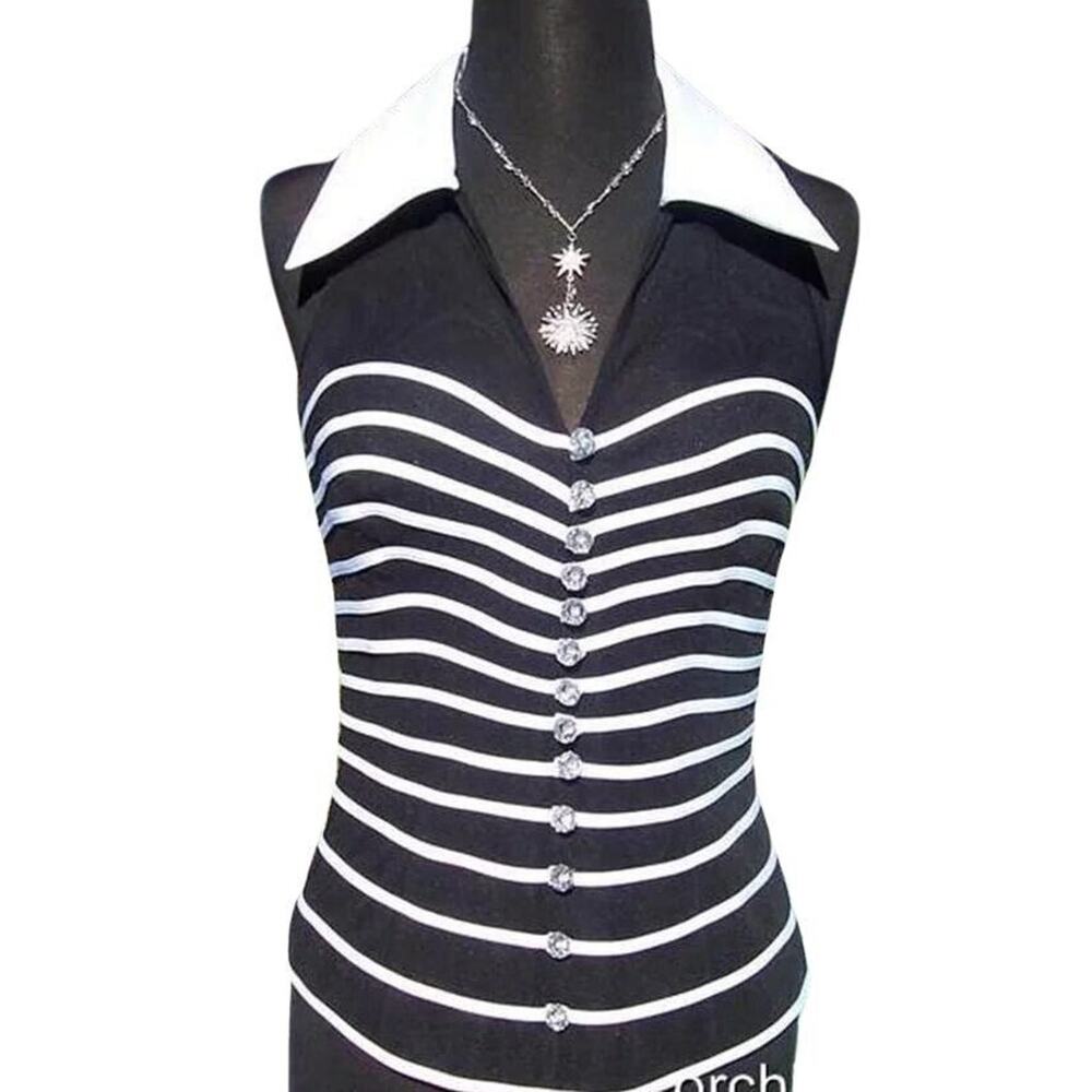 Cache Sheer Mesh OTTOMAN Event Top New Black White Crystal Buttons $158 NWT